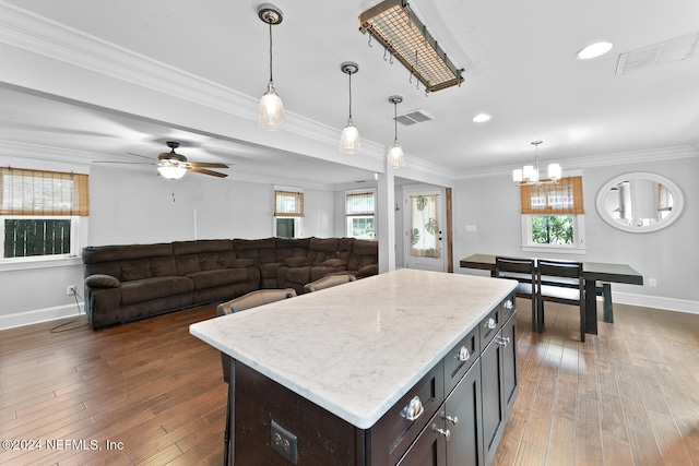 kitchen with dark wood-style floors, visible vents, and a wealth of natural light