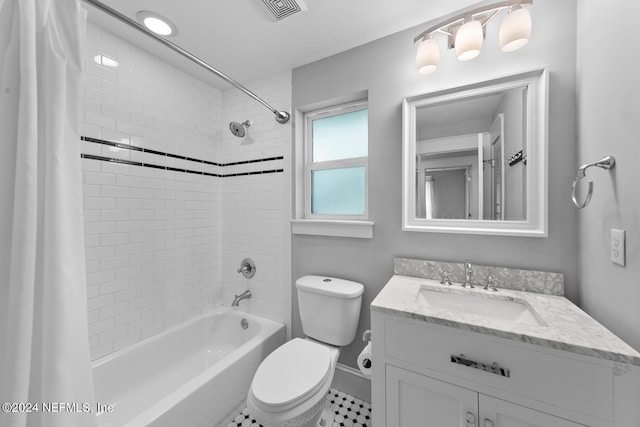 full bath featuring toilet, shower / bathtub combination with curtain, visible vents, and vanity