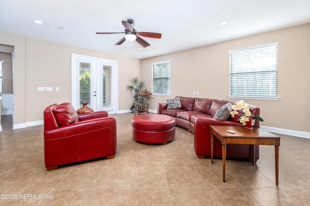 living room with ceiling fan, recessed lighting, baseboards, french doors, and tile patterned floors