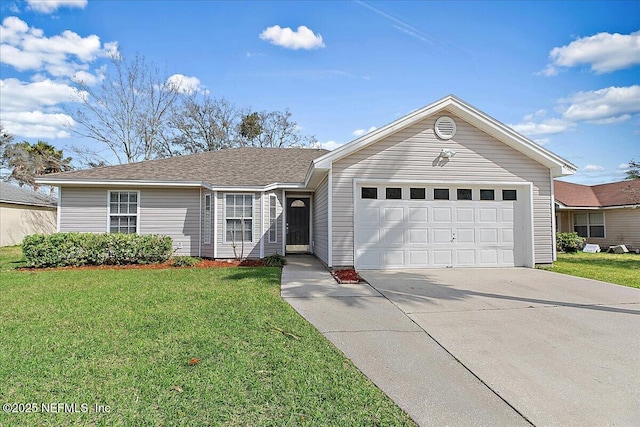 single story home with roof with shingles, an attached garage, driveway, and a front lawn