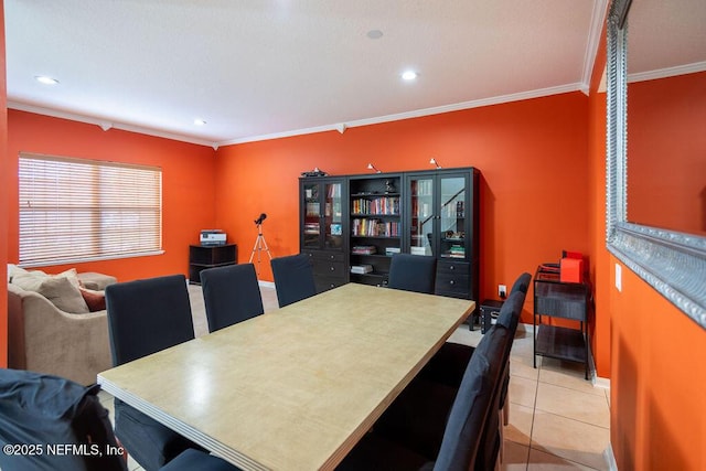 dining area featuring ornamental molding, recessed lighting, and light tile patterned floors