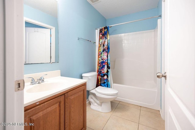 full bathroom with a textured ceiling, toilet, shower / tub combo, vanity, and tile patterned floors