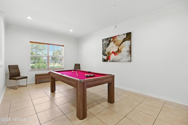 75250 Fern Creek Dr, Yulee, FL 32097 - playroom with crown molding, recessed lighting, light tile patterned floors, and billiards table