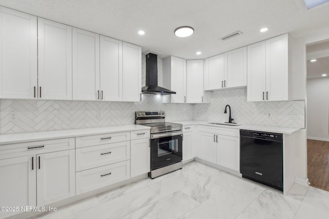 kitchen featuring visible vents, dishwasher, marble finish floor, stainless steel electric stove, and wall chimney range hood