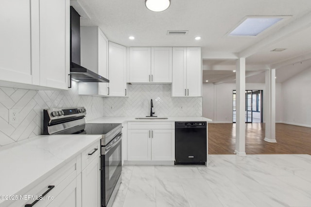 kitchen with black dishwasher, stainless steel electric stove, lofted ceiling with beams, a sink, and wall chimney exhaust hood