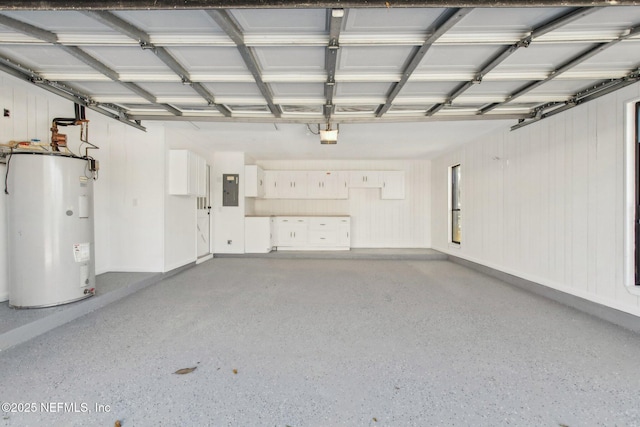 garage with electric panel and water heater