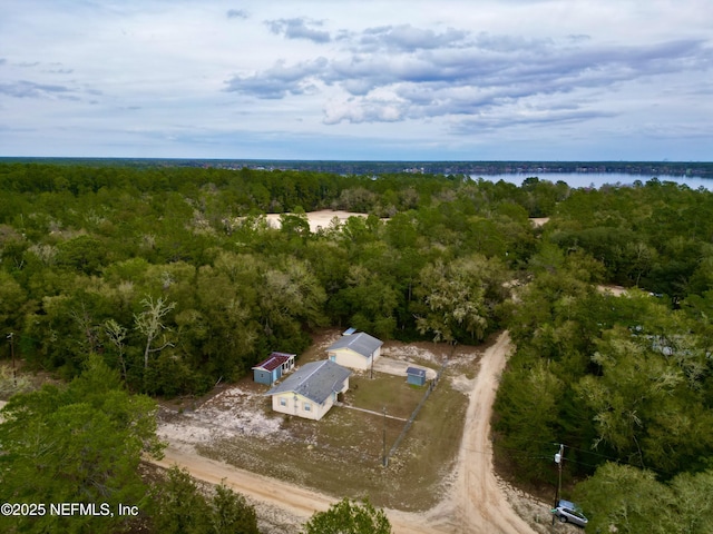 drone / aerial view featuring a forest view and a water view