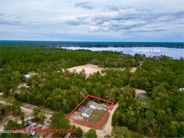 bird's eye view featuring a water view and a view of trees