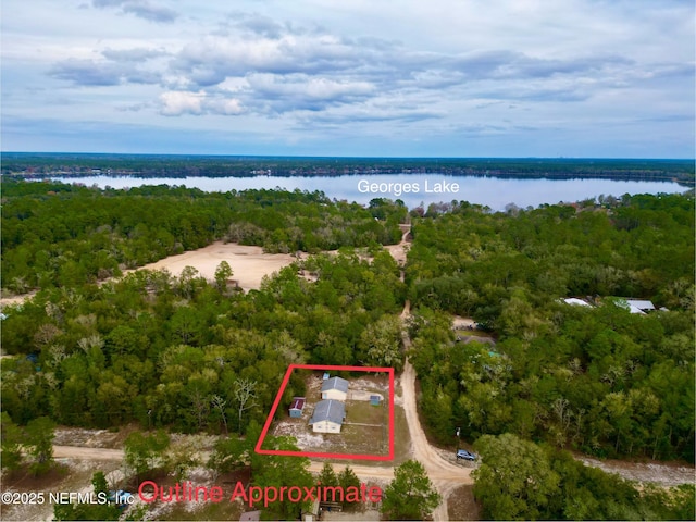 bird's eye view with a water view and a wooded view