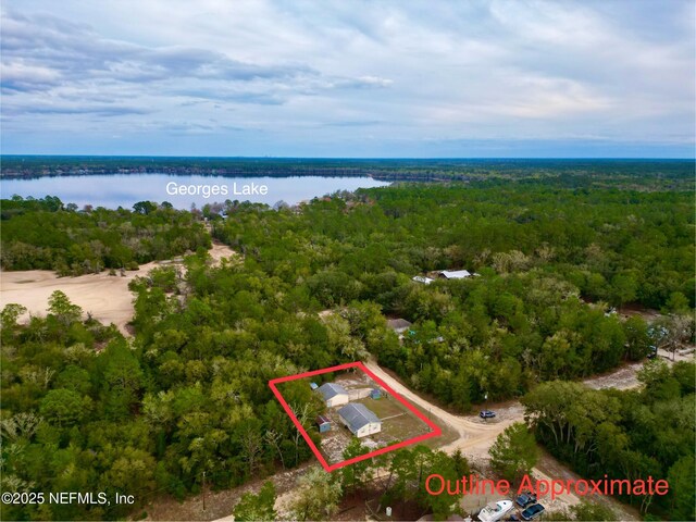 aerial view featuring a water view and a view of trees