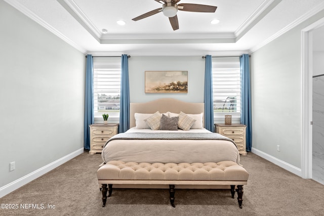 carpeted bedroom featuring a tray ceiling, multiple windows, and baseboards