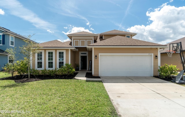 view of front of home with a front yard, roof with shingles, driveway, and an attached garage