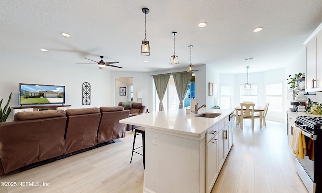 kitchen featuring stainless steel appliances, a sink, white cabinetry, open floor plan, and light wood finished floors