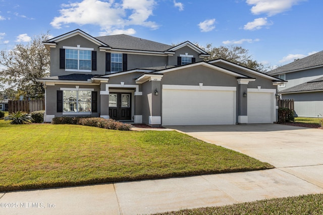 view of front facade featuring driveway, stucco siding, an attached garage, fence, and a front yard