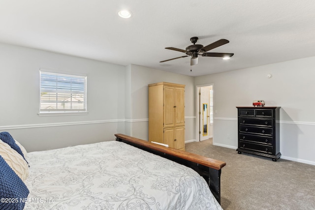 bedroom featuring carpet floors, recessed lighting, ceiling fan, and baseboards