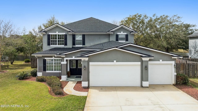 traditional home featuring a shingled roof, a front yard, fence, and stucco siding