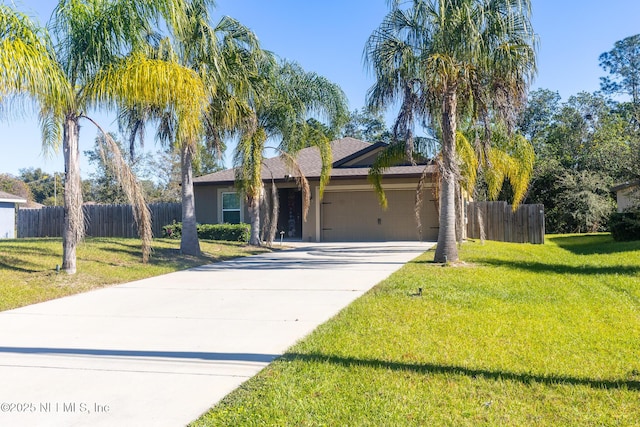 view of front of house featuring a garage, concrete driveway, fence, a front yard, and stucco siding