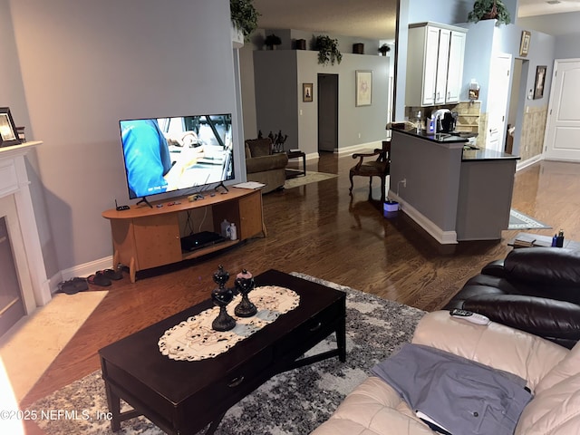 living area featuring baseboards and wood finished floors