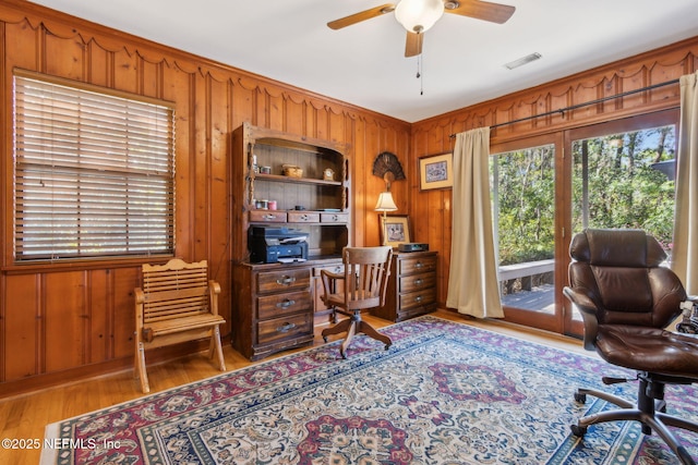 office area with wooden walls, ceiling fan, visible vents, and wood finished floors