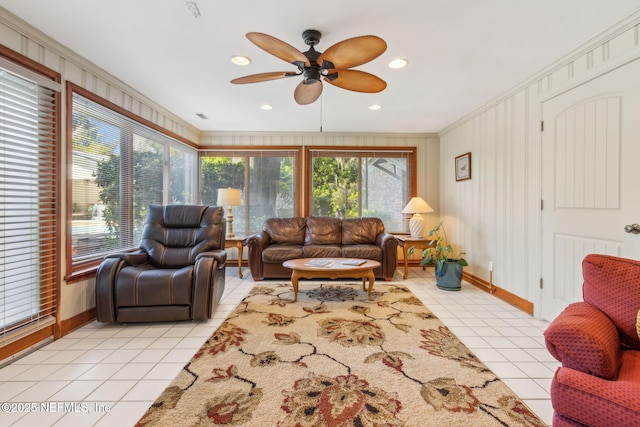 living room featuring recessed lighting, light tile patterned flooring, a ceiling fan, and ornamental molding