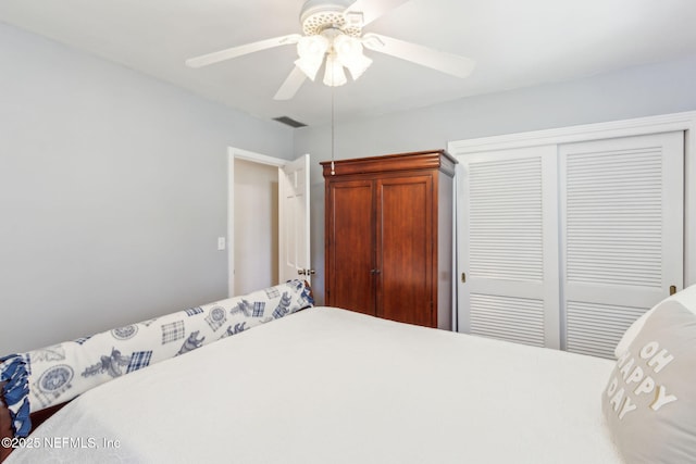 bedroom featuring a closet, visible vents, and a ceiling fan