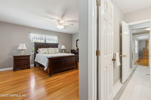 bedroom featuring light wood-type flooring, baseboards, and ceiling fan