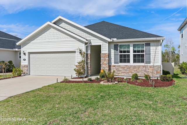 craftsman-style home featuring driveway, roof with shingles, an attached garage, a front lawn, and stone siding