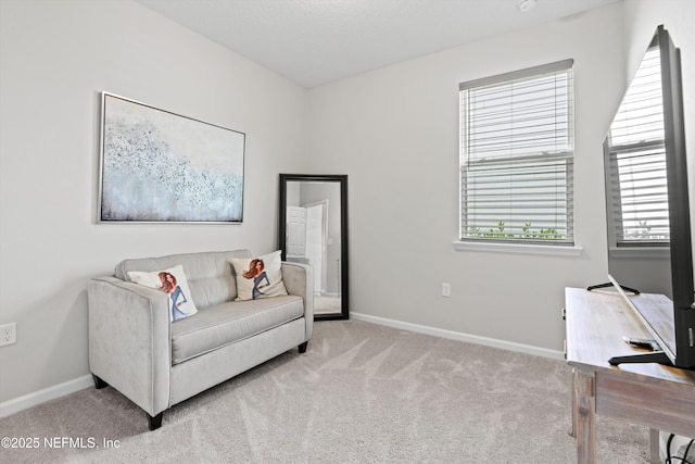 living area with carpet floors and baseboards