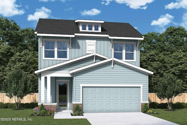 view of front of house featuring a garage, board and batten siding, driveway, and fence