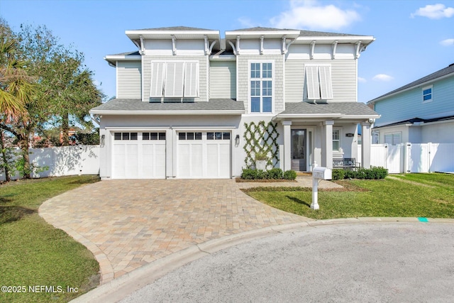 view of front facade featuring roof with shingles, an attached garage, fence, decorative driveway, and a front lawn