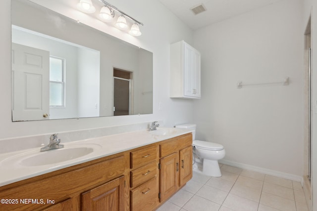 bathroom featuring a stall shower, a sink, visible vents, and tile patterned floors