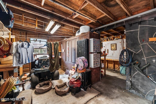 basement with a workshop area