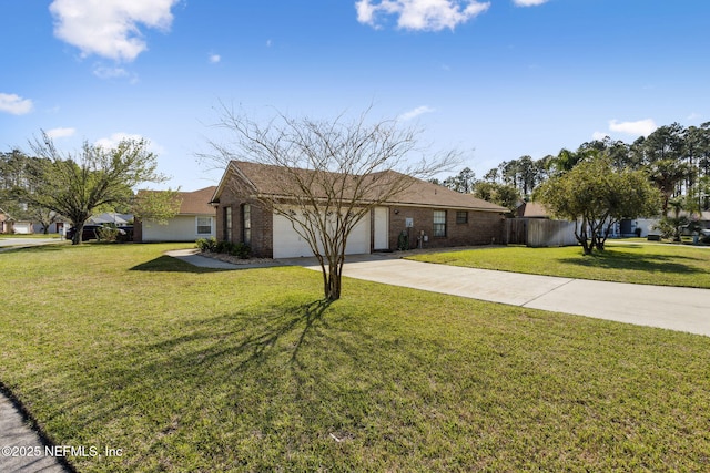 single story home with brick siding, driveway, an attached garage, and a front lawn