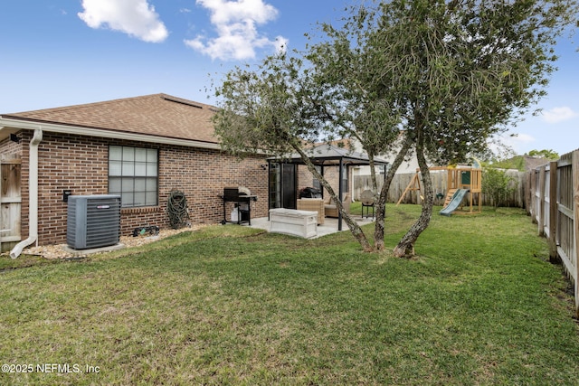 view of yard featuring a patio, cooling unit, a fenced backyard, a gazebo, and a playground