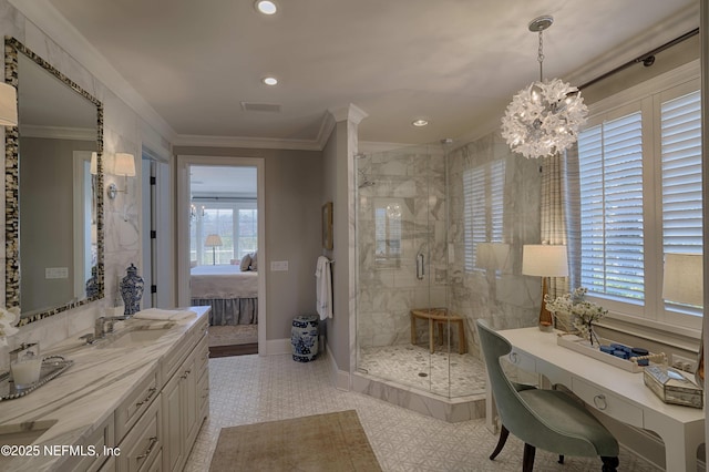 ensuite bathroom with ensuite bath, a sink, a shower stall, crown molding, and a notable chandelier