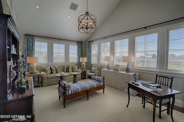 living area featuring visible vents, high vaulted ceiling, recessed lighting, carpet, and an inviting chandelier