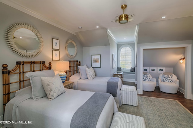 bedroom featuring recessed lighting, crown molding, baseboards, and wood finished floors