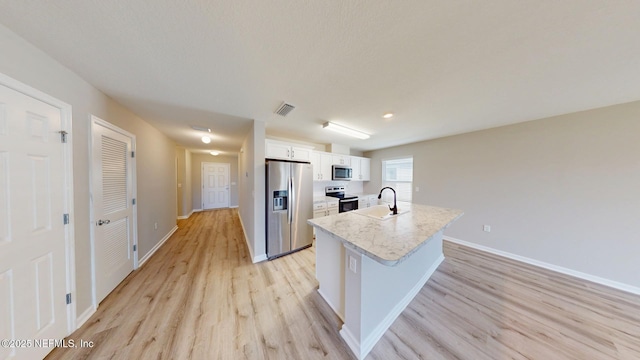 kitchen featuring visible vents, appliances with stainless steel finishes, white cabinetry, a sink, and light wood-type flooring