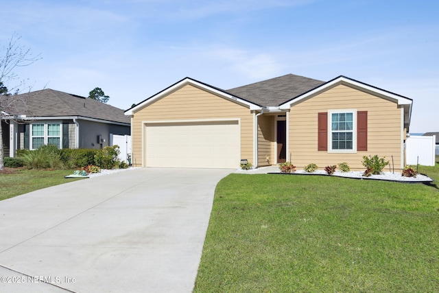 ranch-style house with a front lawn, driveway, a shingled roof, and an attached garage