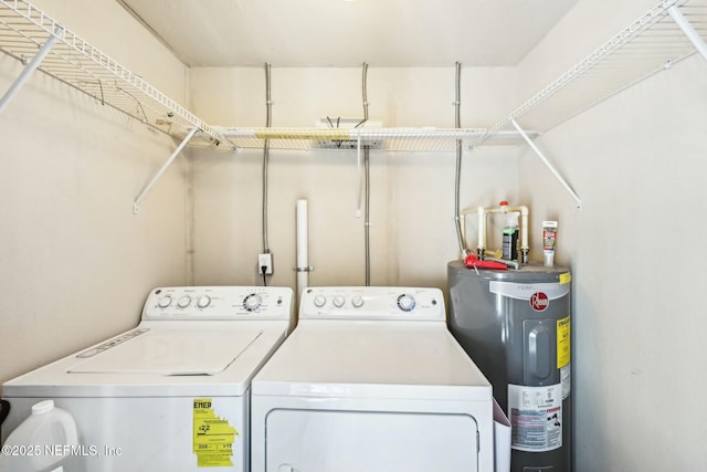 laundry room with laundry area, washing machine and dryer, and water heater