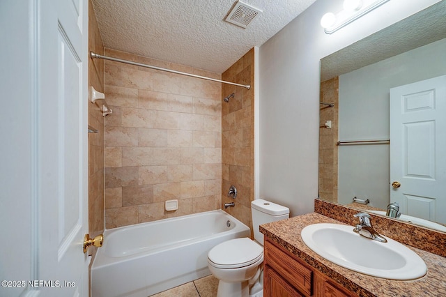 full bathroom with shower / bathtub combination, visible vents, toilet, a textured ceiling, and vanity