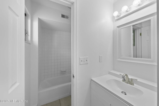 bathroom featuring tile patterned flooring, shower / tub combination, visible vents, and vanity