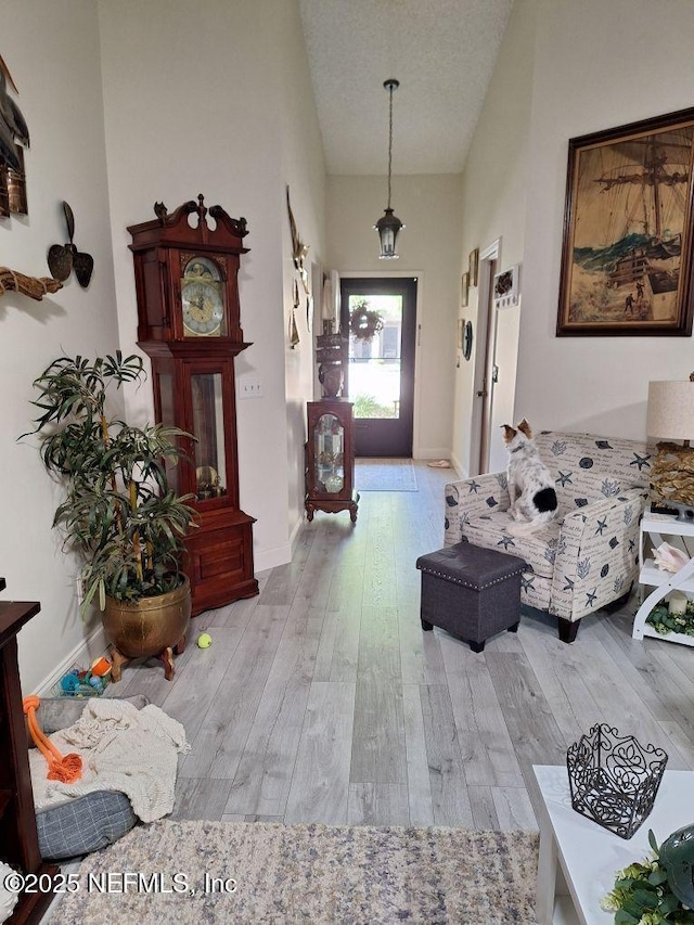 entrance foyer featuring a textured ceiling, baseboards, and wood finished floors