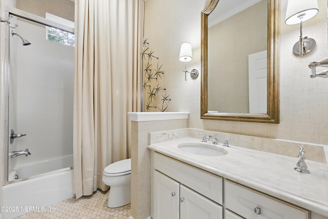 full bathroom featuring crown molding, toilet, tile patterned floors, vanity, and shower / bathtub combination with curtain