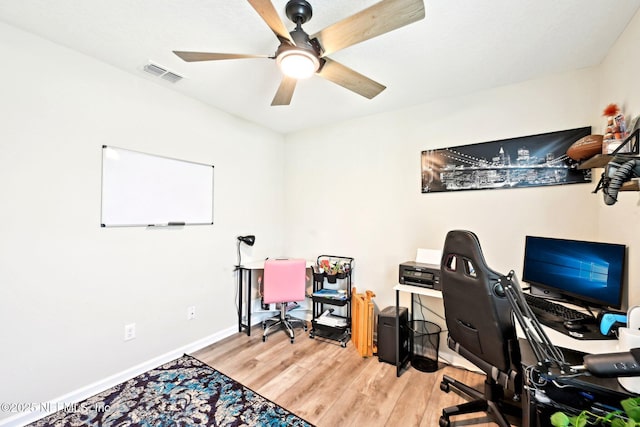 office area featuring baseboards, ceiling fan, visible vents, and wood finished floors