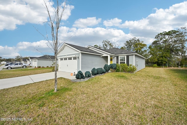 single story home with a garage, concrete driveway, and a front lawn