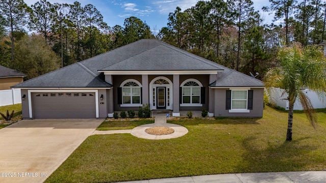 ranch-style house with an attached garage, fence, concrete driveway, stucco siding, and a front yard