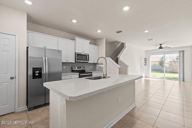 kitchen with stainless steel appliances, visible vents, decorative backsplash, white cabinetry, and a sink