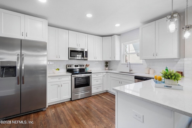 kitchen with white cabinets, dark wood-style flooring, stainless steel appliances, and a sink