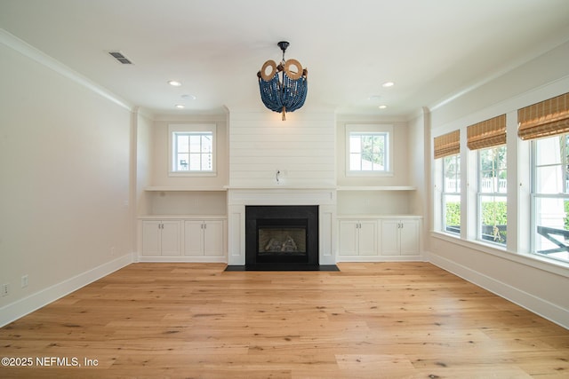 unfurnished living room featuring light wood-style floors, a fireplace with flush hearth, baseboards, and ornamental molding